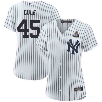 Women's New York Yankees #45 Gerrit Cole White 2024 World Series With Name Cool Base Stitched Baseball Jersey(Run Small)