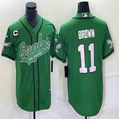 Men's Philadelphia Eagles #11 A. J. Brown Green With 3-star C Patch Cool Base Stitched Baseball Jersey