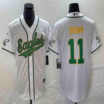 Men's Philadelphia Eagles #11 A. J. Brown White Gold Cool Base Stitched Baseball Jersey