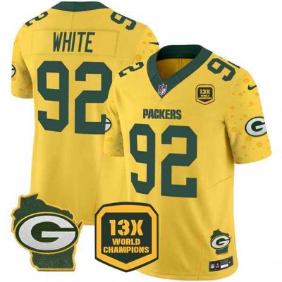 Men's Green Bay Packers #92 Reggie White Cheese Gold 2024 F.U.S.E. 13 Time World Champions And Home Patch Vapor Untouchable Limited Stitched Football Jersey