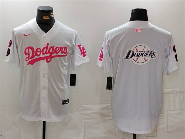 Men's Los Angeles Dodgers Team Big Logo White/Pink Vin & Kobe Patch Stitched Baseball Jersey