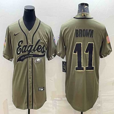 Men's Philadelphia Eagles #11 A. J. Brown Olive 2022 Salute To Service Cool Base Stitched Baseball Jersey