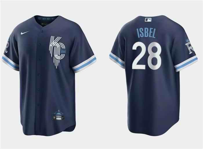 Men's Kansas City Royals #28 Kyle Isbel Navy City Connect Cool Base Stitched Baseball Jersey