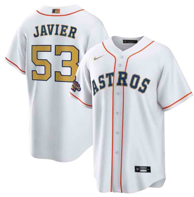 Men's Houston Astros #53 Cristian Javier White 2023 Gold Collection With World Serise Champions Patch Cool Base Stitched Baseball Jersey