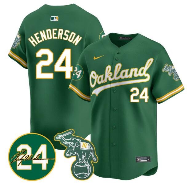 Men's Oakland Athletics #24 Ricky Henderson Green 2024 Limited With Patch Stitched Jersey