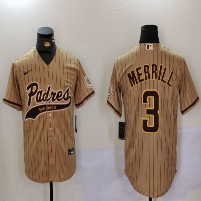 Men's San Diego Padres #3 Jackson Merrill Tan Cool Base Stitched Baseball Jersey