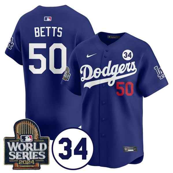 Men's Los Angeles Dodgers #50 Mookie Betts Royal 2024 World Series With No. 34 Patch Limited Stitched Baseball Jersey