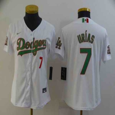 Women Los Angeles Dodgers #7 Julio Urias White Green 2020 World Series Stitched Jersey