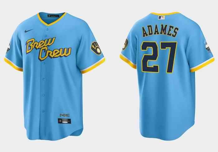 Youth Milwaukee Brewers #27 Willy Adames 2022 Powder Blue City Connect Stitched Jersey