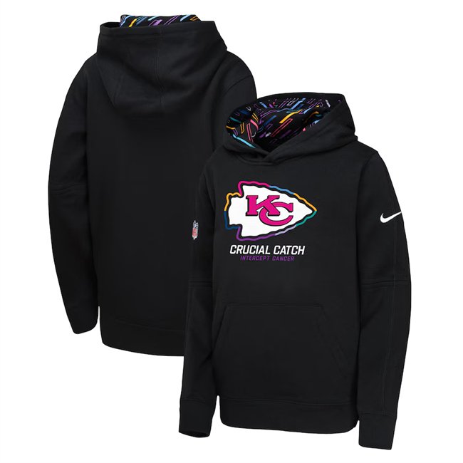 Youth Kansas City Chiefs Black 2024 Crucial Catch Club Pullover Hoodie