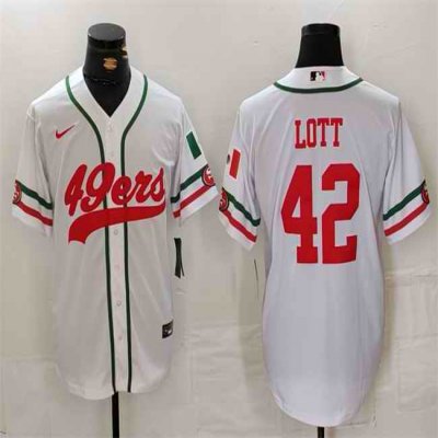 Men's San Francisco 49ers #42 Ronnie Lott White With Patch Cool Base Stitched Baseball Jersey