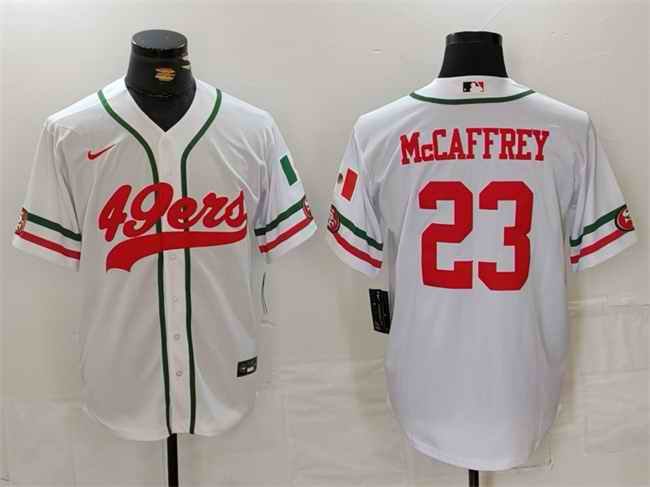 Men's San Francisco 49ers #23 Christian McCaffrey White With Patch Cool Base Stitched Baseball Jersey