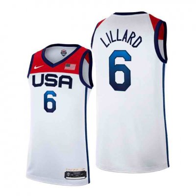 Men's USA Basketball #6 Damian Lillard 2021 White Tokyo Olympics Stitched Home Jersey