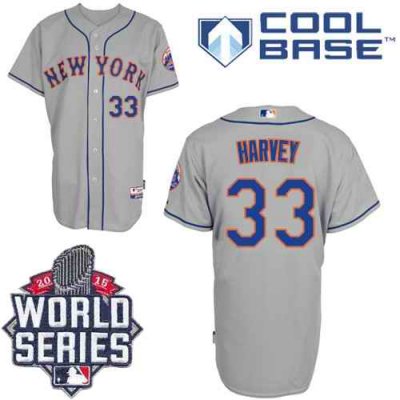 Mets #33 Matt Harvey Grey Road Cool Base W/2015 World Series Patch Stitched MLB Jersey