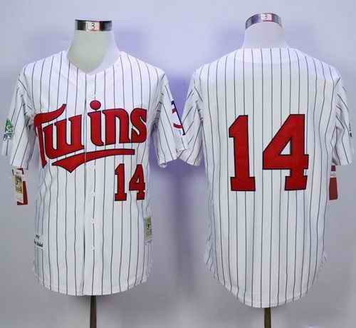 Mitchell And Ness 1991 Twins #14 Kent Hrbek White(Blue Strip) Throwback Stitched MLB Jersey