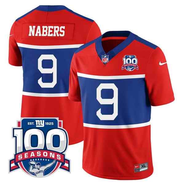 Men's New York Giants #9 Malik Nabers Century Red F.U.S.E. 2024 Draft 100TH Season Commemorative Patch Limited Stitched Football Jersey