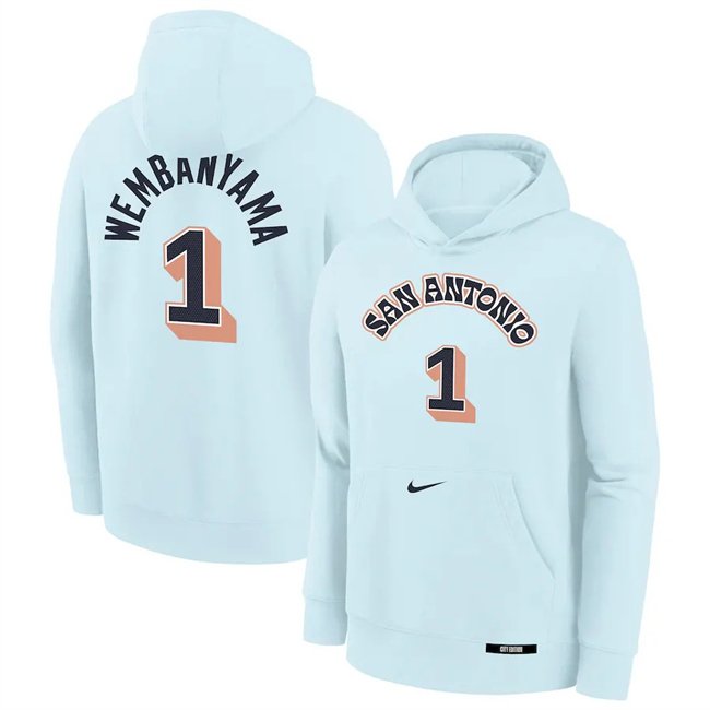 Men's San Antonio Spurs #1 Victor Wembanyama Light Blue 2024/25 City Edition Fleece Club Pullover Hoodie