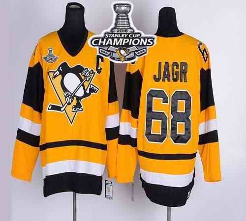 Penguins #68 Jaromir Jagr Yellow CCM Throwback 2016 Stanley Cup Champions Stitched NHL Jersey