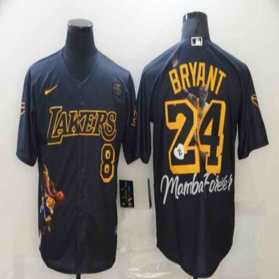 Men's Los Angeles Lakers Front #8 Back #24 Kobe Bryant Black With KB Patch Cool Base Stitched Jersey