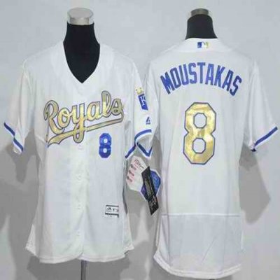 Royals #8 Mike Moustakas White Flexbase Authentic 2015 World Series Champions Gold Program Cool Base Women's Stitched MLB Jersey