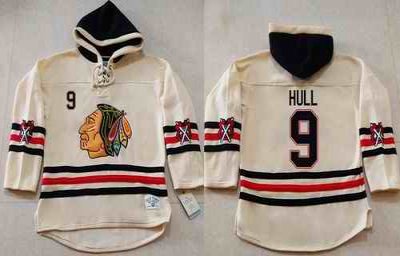 Blackhawks #9 Bobby Hull Cream Heavyweight Pullover Hoodie Stitched NHL Jersey