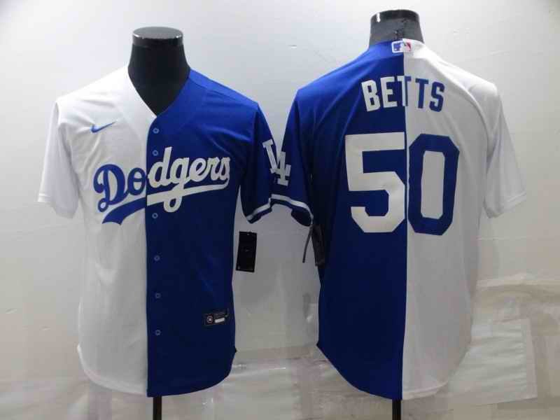 Men's Los Angeles Dodgers #50 Mookie Betts White/Blue Split Cool Base Stitched Baseball Jersey