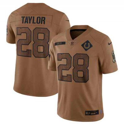 Men's Indianapolis Colts #28 Jonathan Taylor 2023 Brown Salute To Sertvice   Stitched Football Jersey