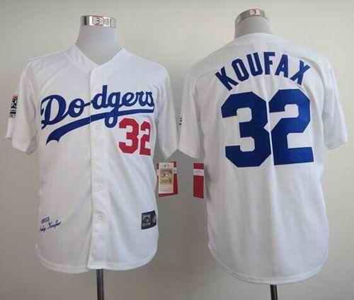 Mitchell and Ness 1958 Dodgers #32 Sandy Koufax White w/1955 World Patch Majestic Stitched MLB Jersey