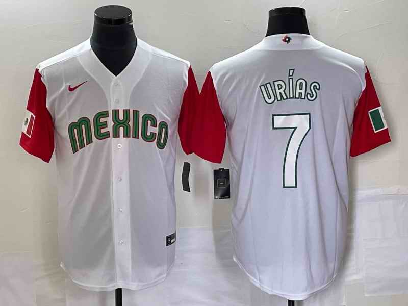 Men's Mexico Baseball #7 Julio Ur'as 2023 White Red World Baseball With Patch Classic Stitched Jersey