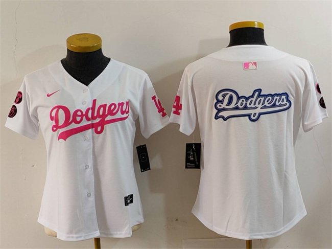 Youth Los Angeles Dodgers Team Big Logo White/Pink Vin & Kobe Patch Stitched Baseball Jersey