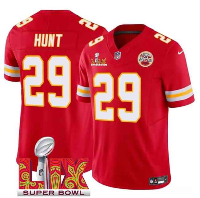 Men's Kansas City Chiefs #29 Kareem Hunt Red 2025 Super Bowl LIX Patch F.U.S.E. Vapor Limited Stitched Football Jersey