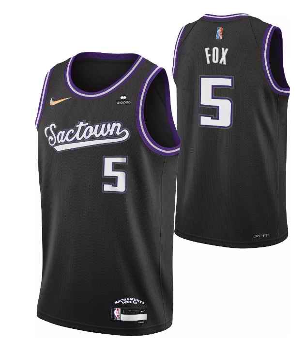 Men's Sacramento Kings #5 De'Aaron Fox 2021/2022 Black City Edition 75th Anniversary Stitched Jersey