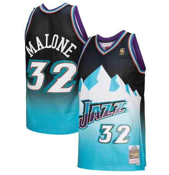 Men's Utah Jazz #32 Karl Malone 1996-97 Black/Light Blue Throwback Stitched Jersey