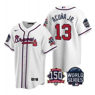 Men's Atlanta Braves #13 Ronald Acuna Jr. 2021 White World Series With 150th Anniversary Patch Cool Base Stitched Jersey