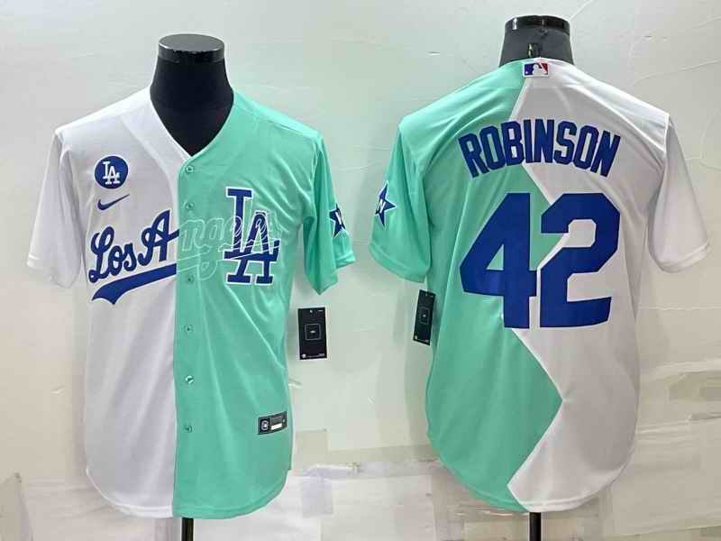 Men's Los Angeles Dodgers #42 Jackie Robinson 2022 All-Star White/Green Cool Base Stitched Baseball Jersey