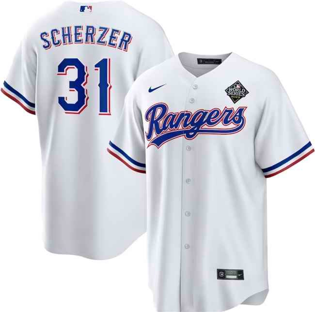 Men's Texas Rangers #31 Max Scherzer 2023 White World Series Stitched Baseball  Jersey