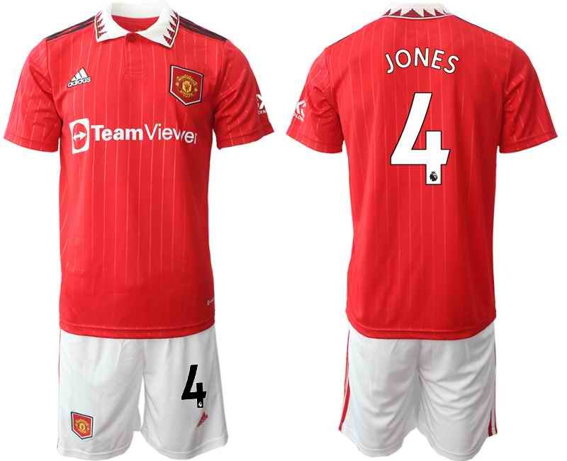 Men's Manchester United #4 Jones 22/23 Red Home Soccer Jersey Suit