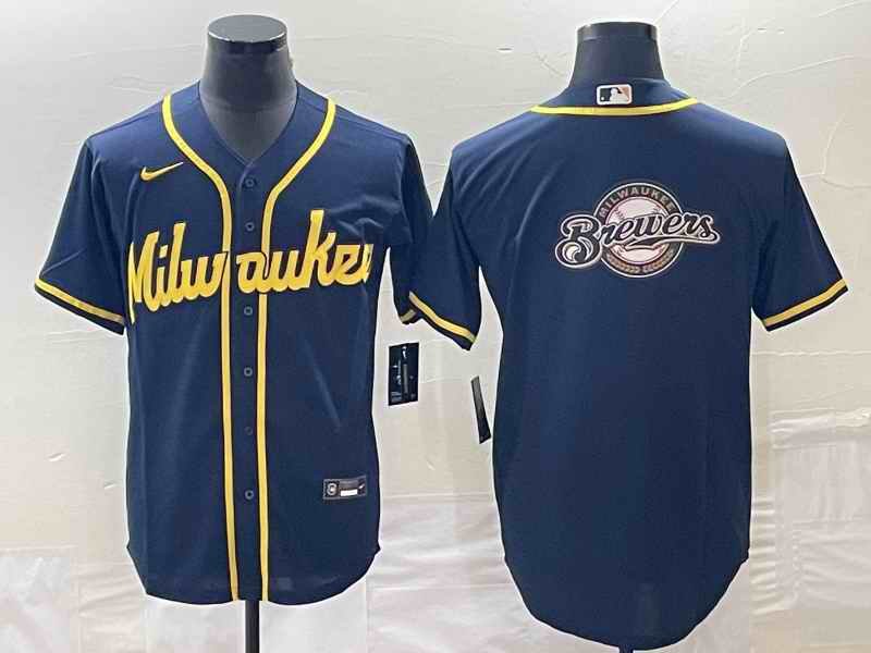 Men's Milwaukee Brewers Navy Team Big Logo Cool Base Stitched Jersey