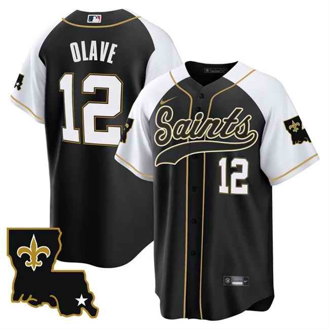 Men's New Orleans Saints #12 Chris Olave Black/White 1987 Legacy Cool Base Stitched Baseball Jersey