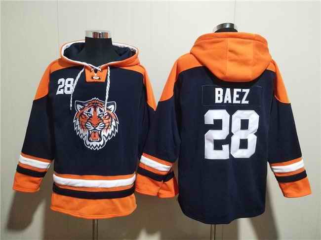 Men's Detroit Tigers #28 Javier B'ez Navy Lace-Up Pullover Hoodie