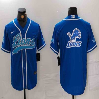 Men's Detroit Lions Team Big Logo Blue Cool Base Stitched Baseball Jersey