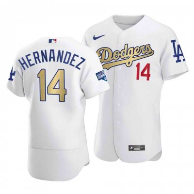 Men's Los Angeles Dodgers #14 Kik' Hern'ndez 2021 White Gold World Series Champions Patch Sttiched Jersey