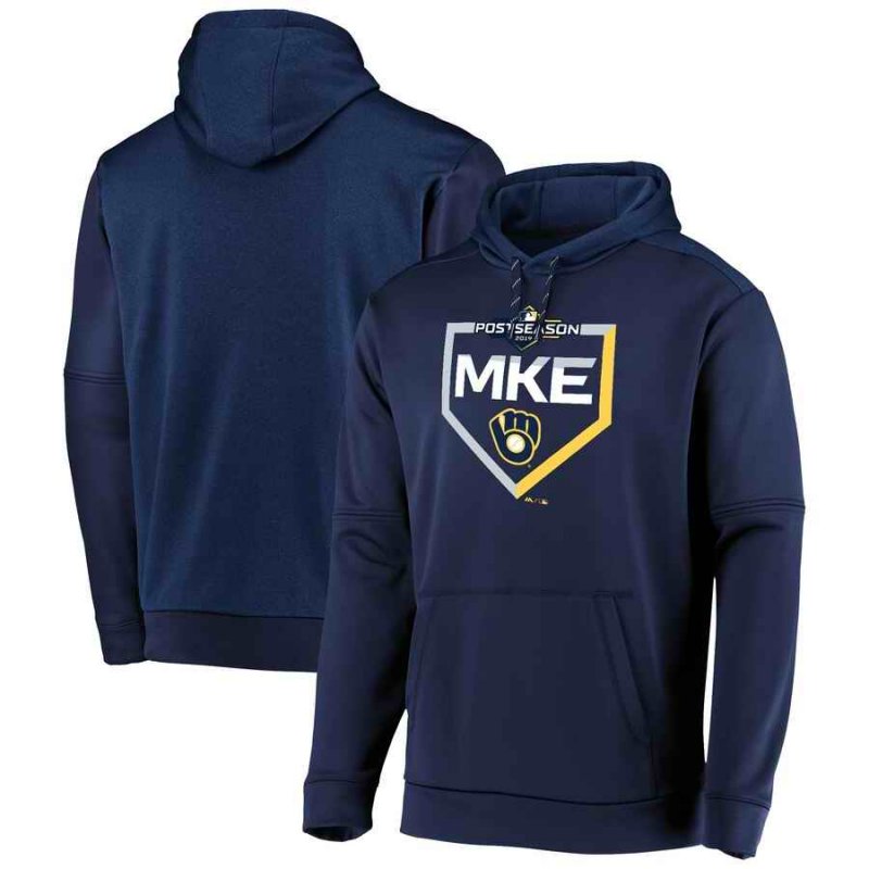 Men's Milwaukee Brewers Majestic Navy 2019 Postseason Dugout Pullover Hoodie