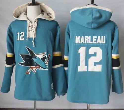 Sharks #12 Patrick Marleau Teal Pullover Hoodie Stitched NHL Jersey