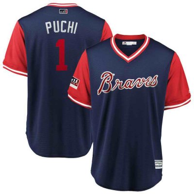 Men's Atlanta Braves #1 Ozzie Albies Puchi Majestic Navy/Red 2018 Players' Weekend Authentic Stitched MLB Jersey