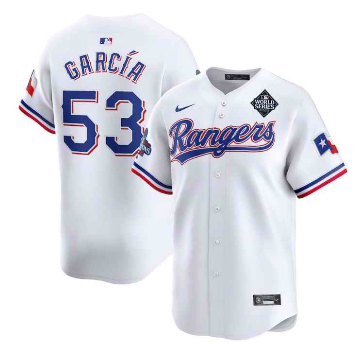 Men's Texas Rangers #53 Adolis Garc'a White 2023 World Series Patch And Champions Patch Stitched Baseball  Jersey