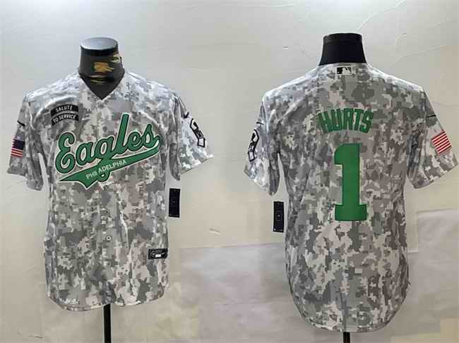 Men's Philadelphia Eagles #1 Jalen Hurts 2024 Arctic Camo Salute to Service Stitched Baseball Jersey