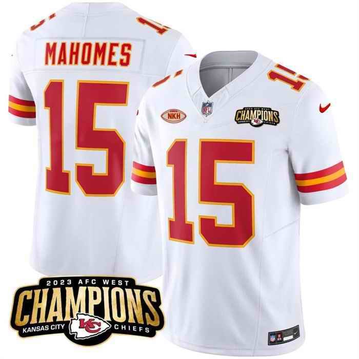 Men's Kansas City Chiefs #15 Patrick Mahomes White 2023 F.U.S.E. AFC West Champions With NKH Patch Vapor Untouchable Limited Stitched Jersey