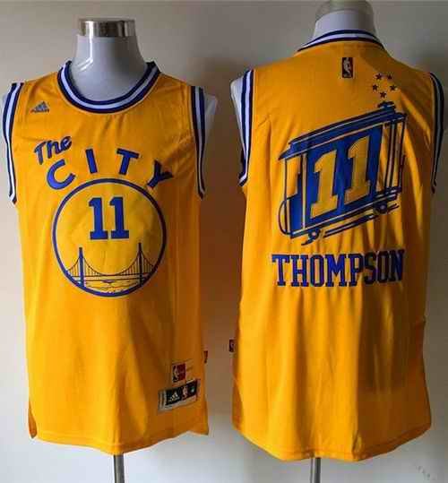 Warriors #11 Klay Thompson Gold Throwback The City Stitched NBA Jersey