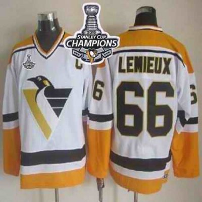 Penguins #66 Mario Lemieux White/Yellow CCM Throwback 2016 Stanley Cup Champions Stitched NHL Jersey